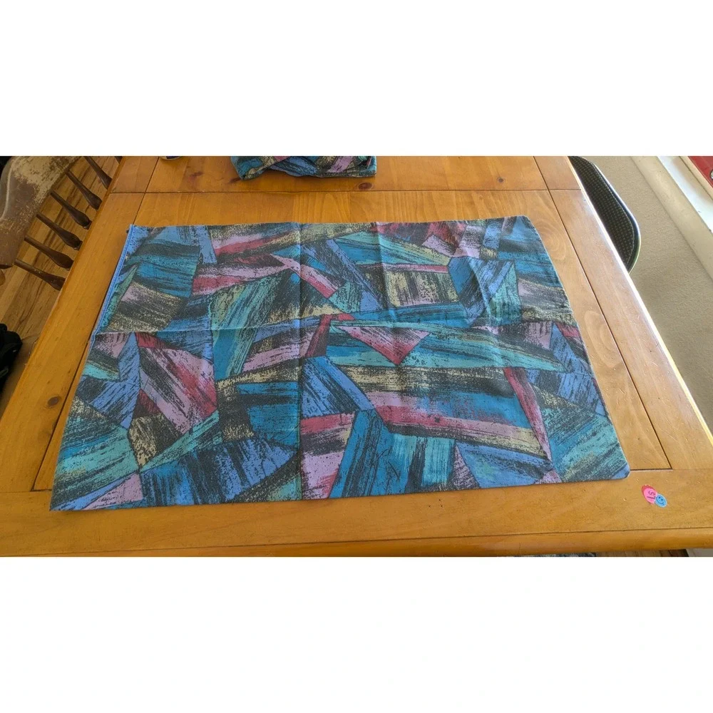 Vintage‎ 90s Abstract Geometric Queen Sheet Set Blue Purple Retro Memphis Design